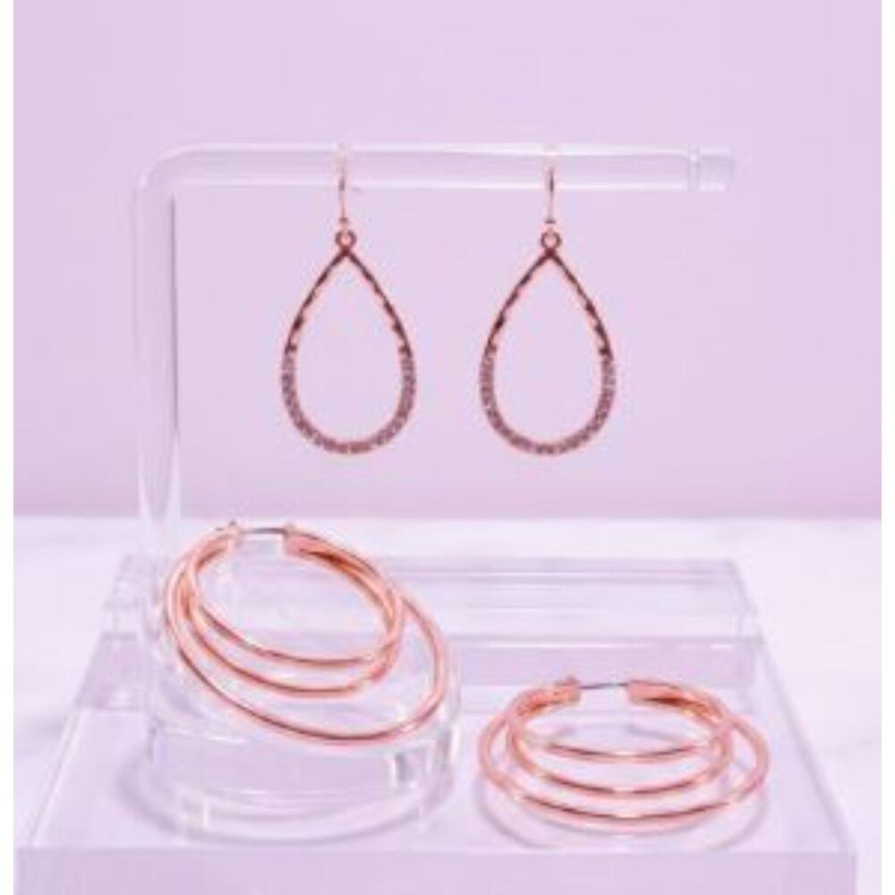 Designer Women's Gold Pave Teardrop Triple Hoop Earrings Set of 2 Pair NWOT 98